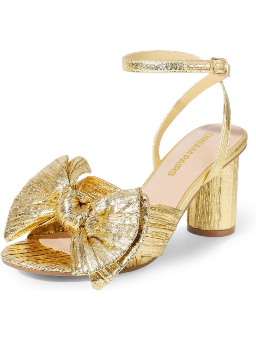 DREAM PAIRS Women's Gold Bow Knot Heels High Chunky Block Heels Open Toe Ankle